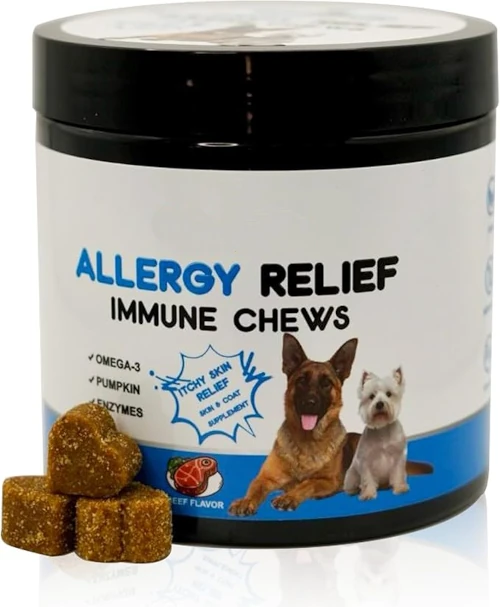 Dog Allergy Chews-120 Soft Immune Chews - Beef Flavor Supplements for Dogs- Advance Allergies and Itching Relief-Dog Gut Health Probiotics -Dry Skin Allergies Relief